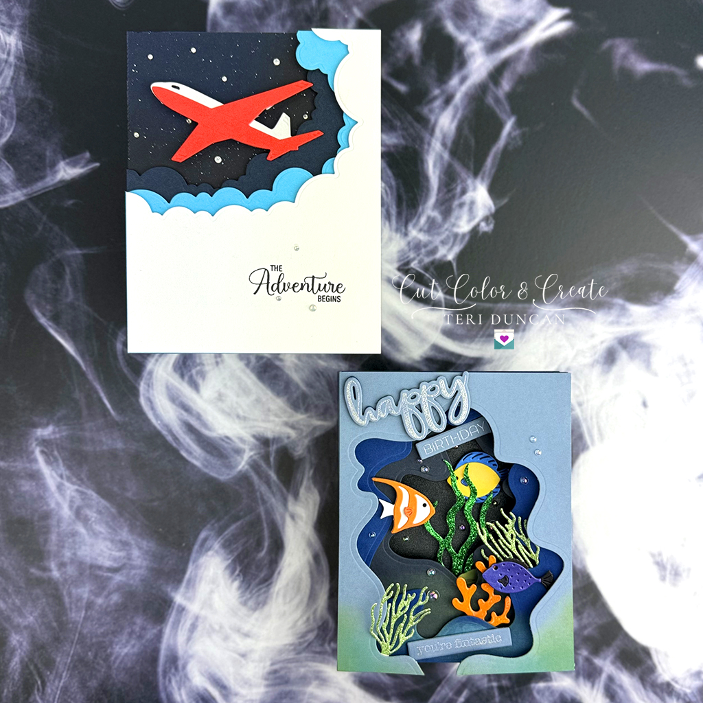 Two 3D cards make with Spellbinders New Tunnel Scapes: one with an airplane flying through the clouds, and the other has tropical fish swimming in the ocean.