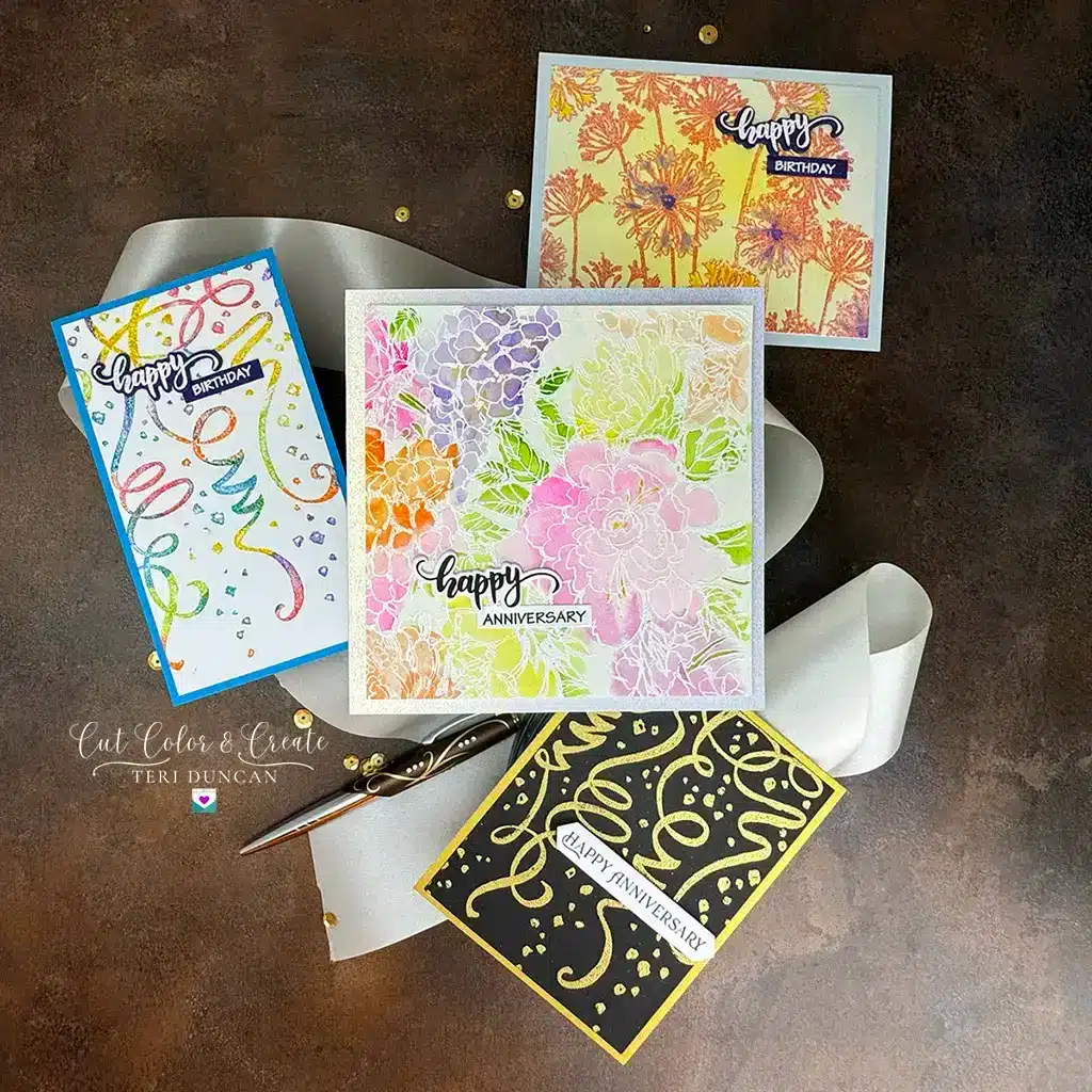 4 beautiful cards made with Stampendous' new collection Beautiful Backgrounds.