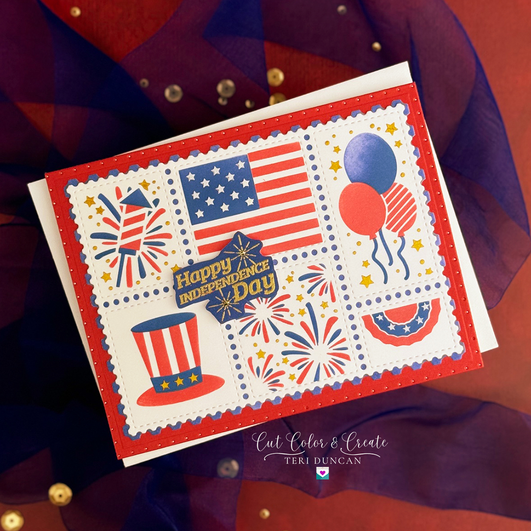 Happy Independence Day Card stenciled in red white and blue with sparkly gold stars.