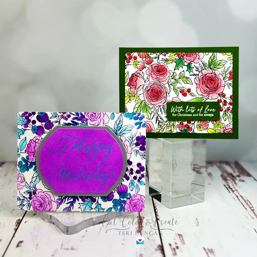 Pair of two very different Christmas cards created with Spellbinders' Winter Rose BetterPress Background.