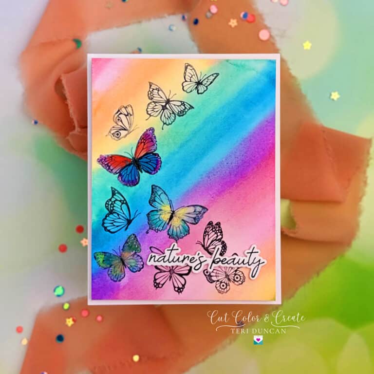 Colorful spring card with a spray of butterflies created using All Season's Spring Betterpress plates for the sentiment.