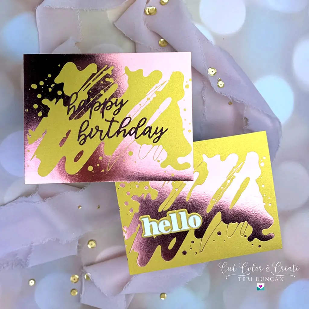 Pair of shiny cards that are a mirror image of each other made with Spellbinders new Glimmer of the Month