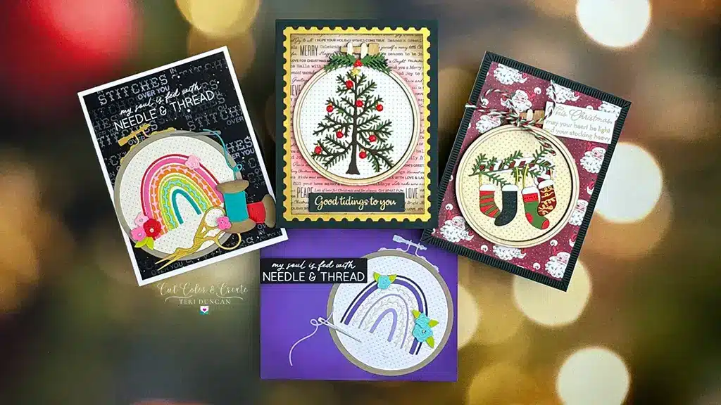 4 lovely cards created with products from Spellbinders Nicole's Needlework Collection