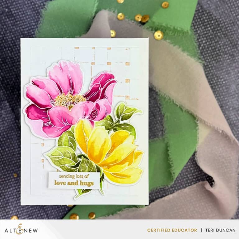 Stunning greeting card featuring a pair of peonies made for the Altenew Educator's Reel Hop, Pristine Peonies.