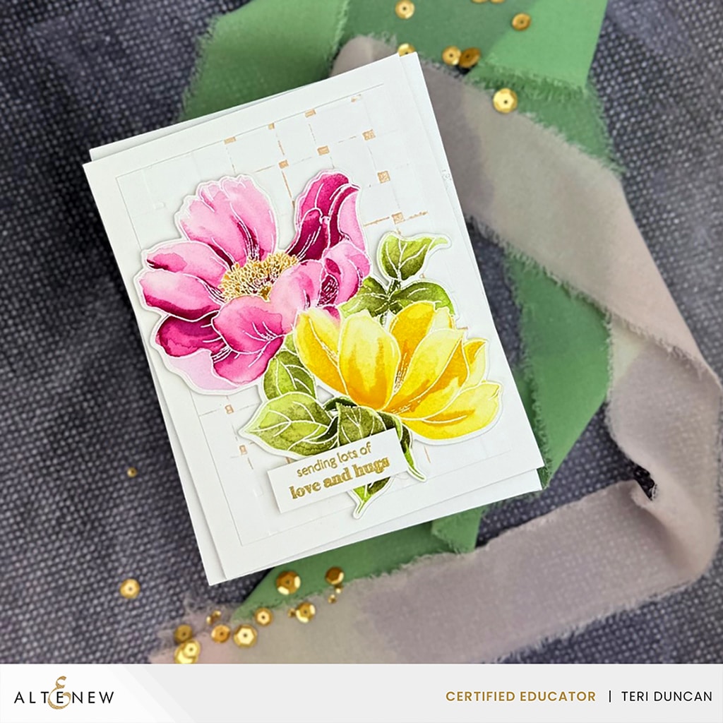 Stunning greeting card featuring a pair of peonies made for the Altenew Educator's Reel Hop, Pristine Peonies.