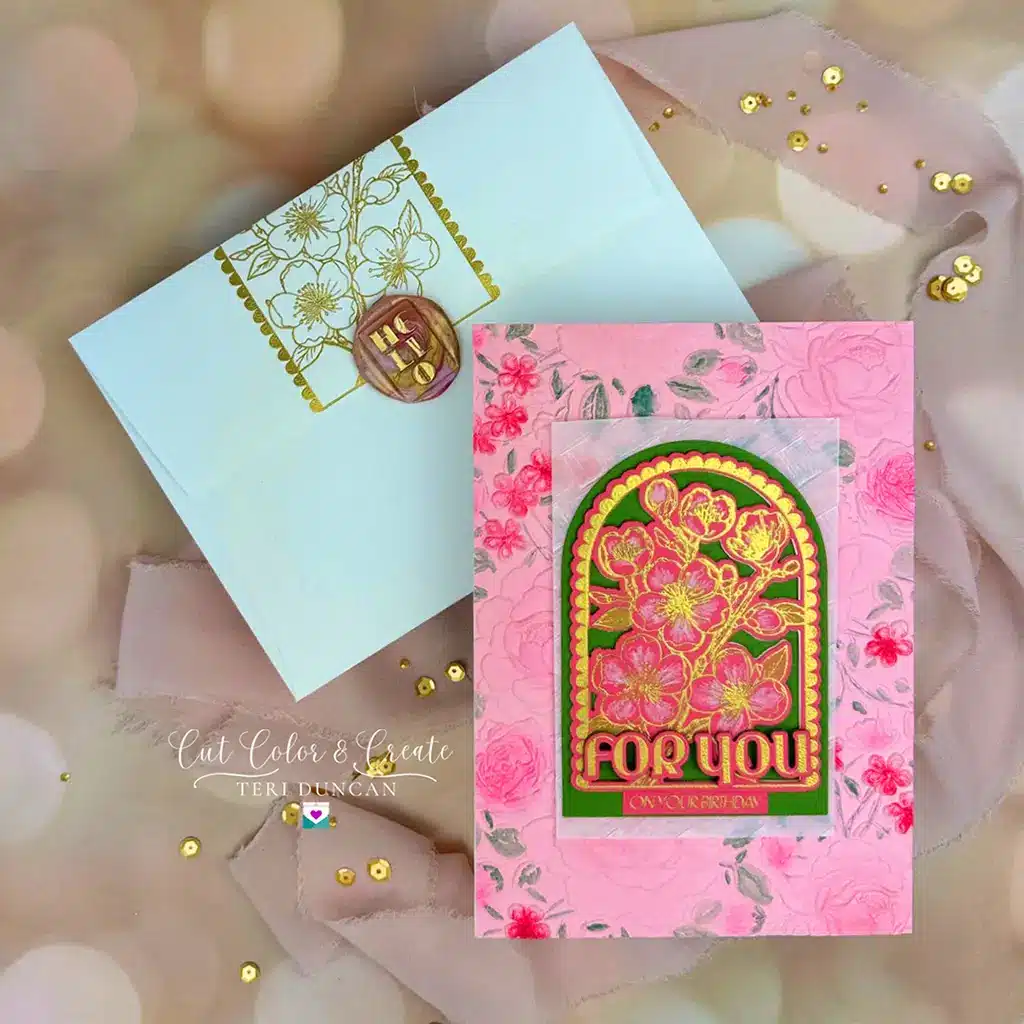 Beautiful birthday card in pinks that features mixed textures for a beautiful effect.