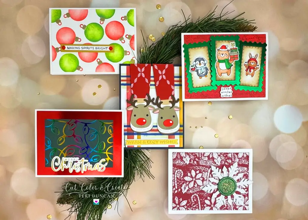Christmas cards made using Spellbinders October 2024 Club kits.