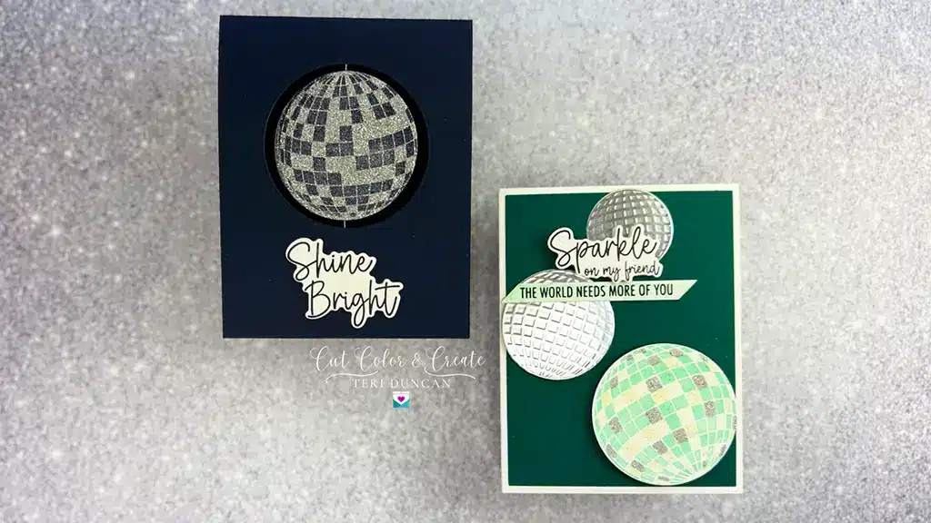 Two cards featuring disco balls created with Spellbinders Shine Bright collection.