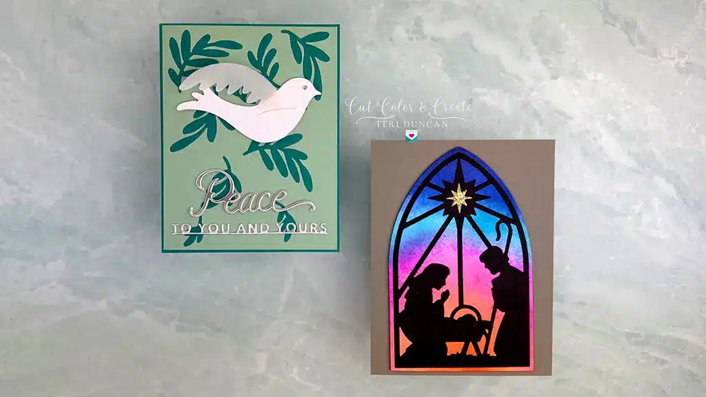 2 lovely Season of Wonder Christmas Cards, one with a peace dove and one with a silhouette nativity scene