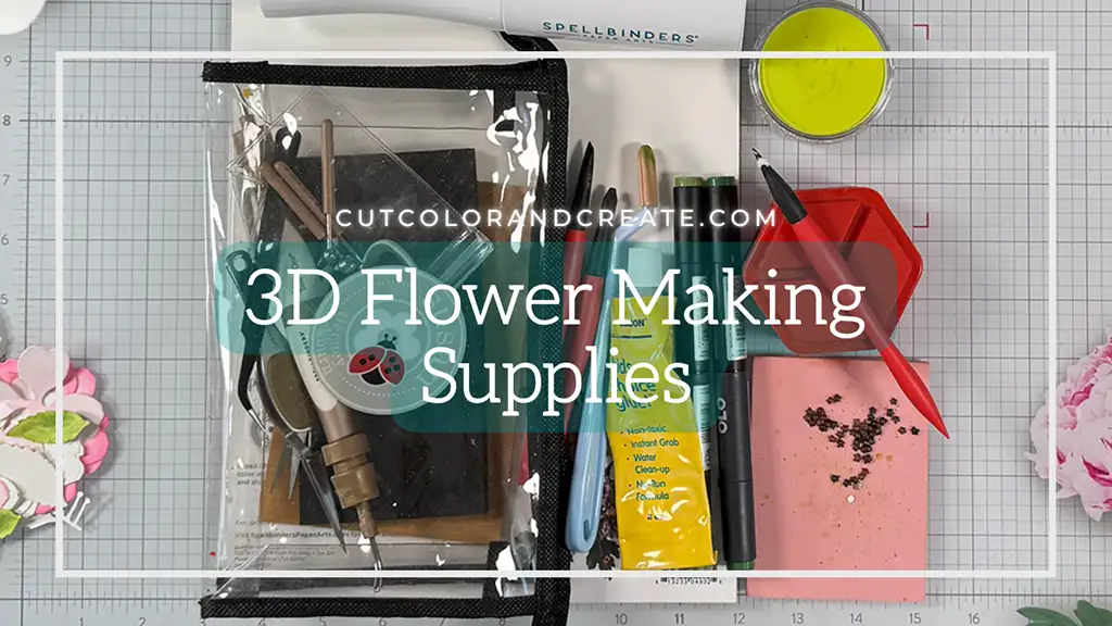 A clear bag with 3D flower supplies, including brushes and paints, is displayed on a grid surface with text overlay: "3D Flower Making Supplies"—everything you need to make stunning 3D flowers.