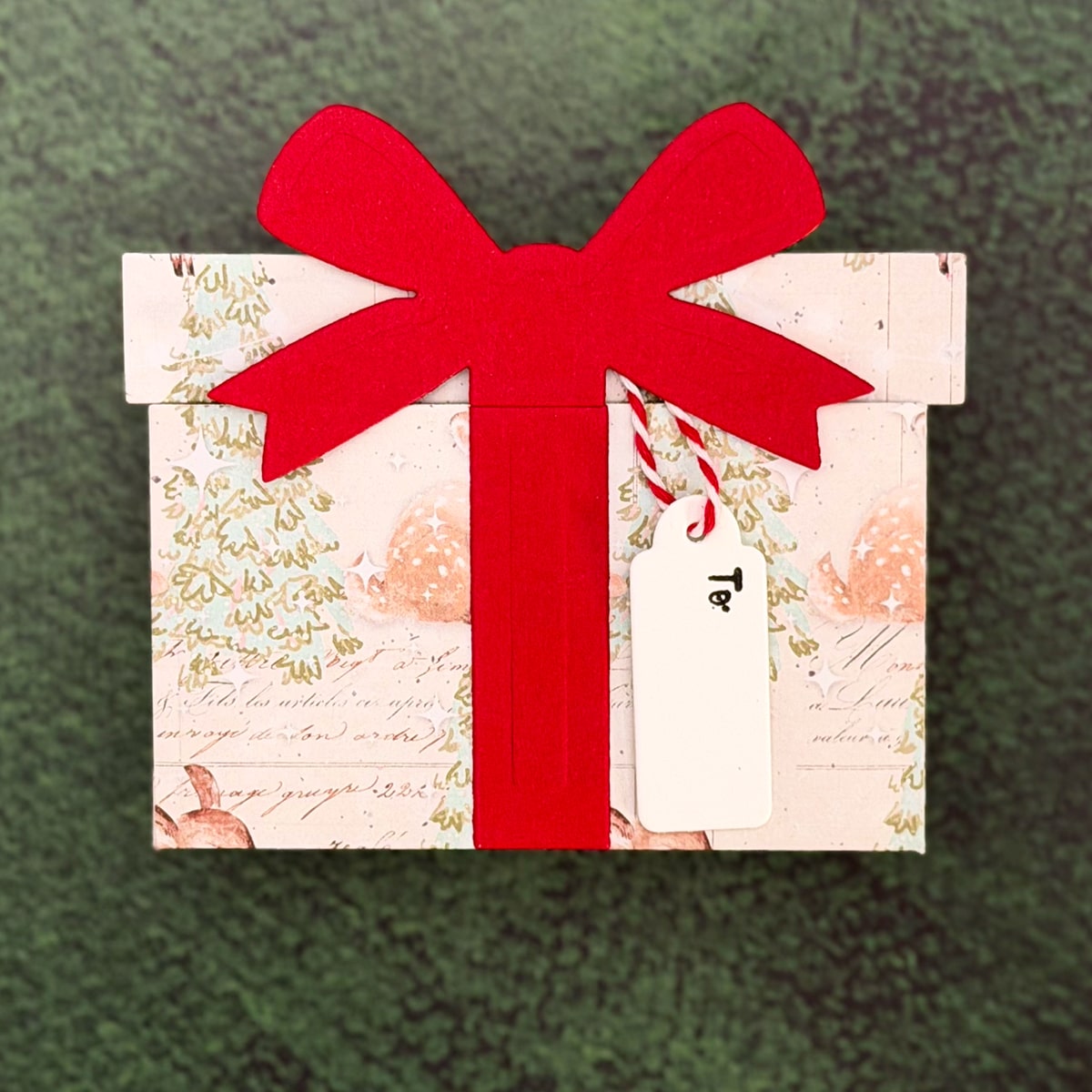 A Christmas Package with holiday-themed wrapping, a large red paper bow, and a white tag labeled "To," perfect as a Christmas Gift or Gift Card Holder, sits on a green textured surface.