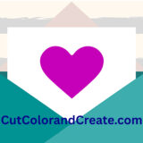 A purple heart on a white envelope graphic, with geometric shapes in the background and the text "CutColorandCreate.com" at the bottom.